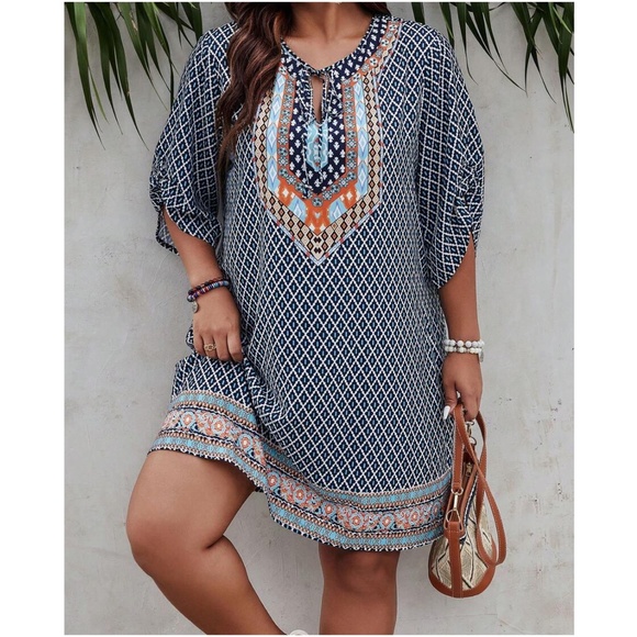 Plus Tribal Print Neck tie Mini Dress - Picture 6 of 9
